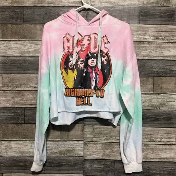 AC/DC Highway To Hell Crop Hoodie Tie Dye Women’s L Pink Green Relaxed - Picture 3 of 9